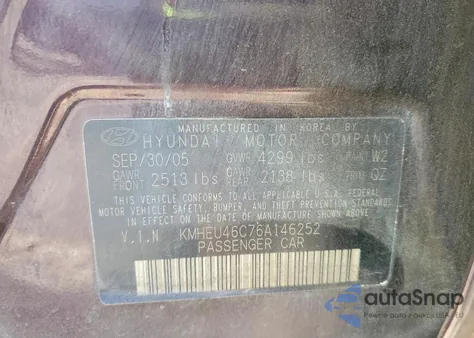 2006 Hyundai Sonata Gls z USA, uszkodzony, nr VIN KMHEU46C76A146252